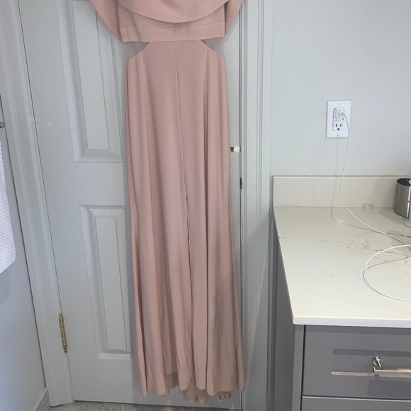Xscape Off-The-Shoulder Floor Length Blush Gown - Picture 4 of 10